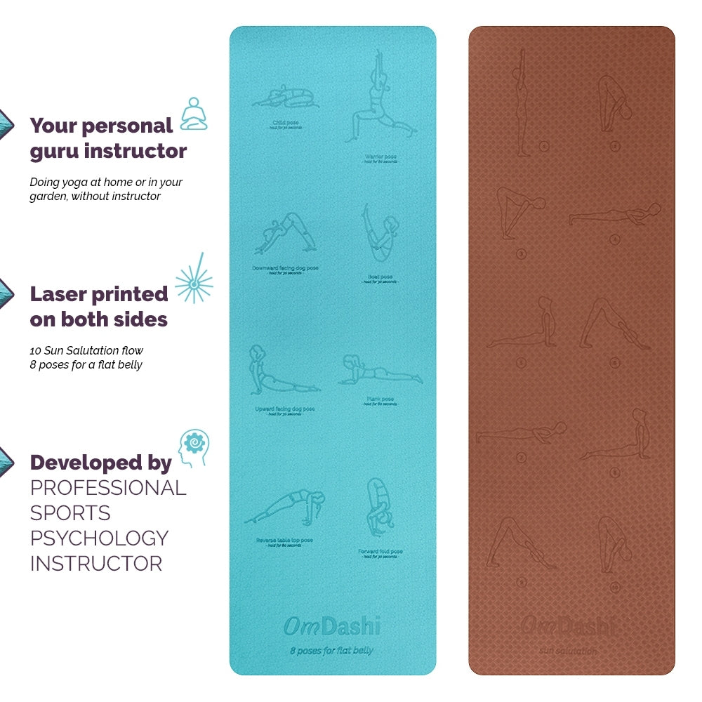 Saltea yoga reversibila OmDashi, 183x61x0.6cm, eco-friendly, TPE, inscriptionata posturi yoga