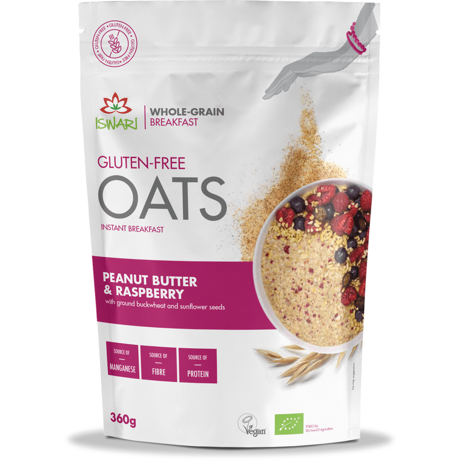 Mic dejun instant BIO cu ovaz, zmeura si unt arahide Iswari