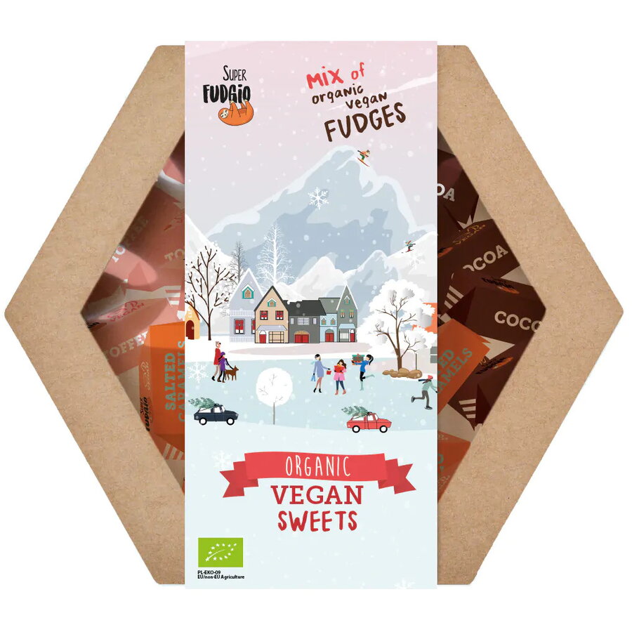 Cutie cadou de Craciun cu caramele asortate, bio, 195g, Super Fudgio