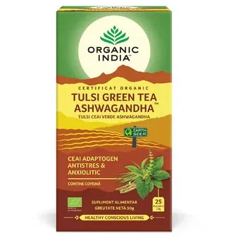 ORGANIC INDIA Ceai Tulsi Ashwagandha si Ceai Verde Adaptogen Anxiolitic 25 plic NOU