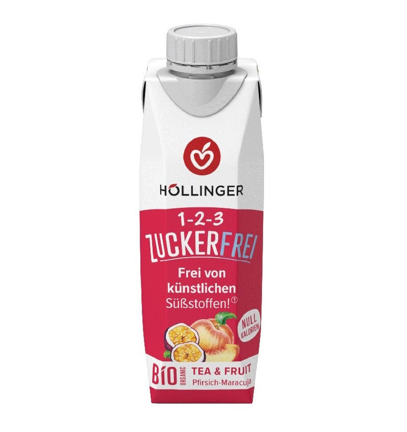 Ceai bio fără zahăr, cu piersici și maracuja, 300ml Hollinger