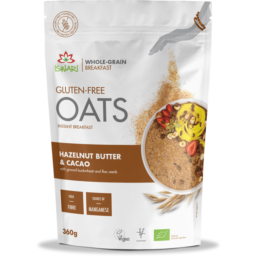 Mic dejun instant BIO cu ovaz, cacao si unt alune padure Iswari