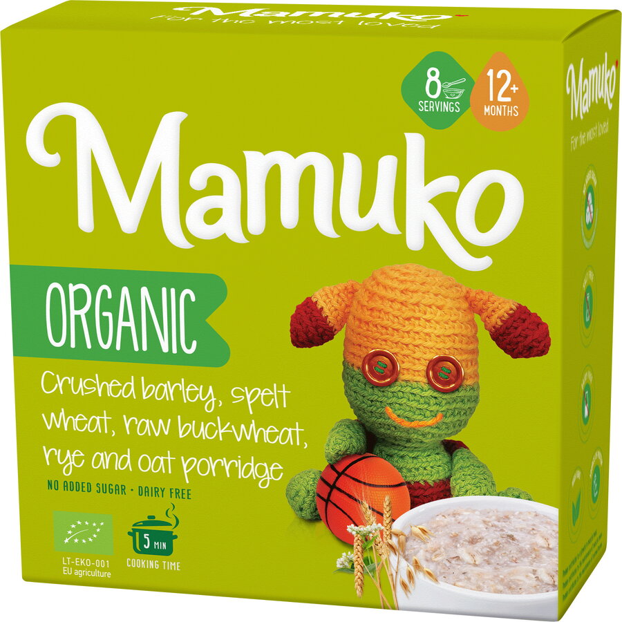 Porridge din 5 cereale orz, spelta, hrisca, secara si fulgi de ovaz bio, 12+ luni, 200g Mamuko