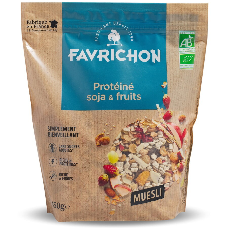 Musli BIO fara zahar cu 40% proteine, soia si fructe Favrichon 450g