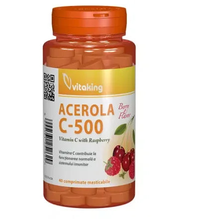 Vitamina C 500 mg cu acerola si gust de zmeura, 40 comprimate masticabile, Vitaking