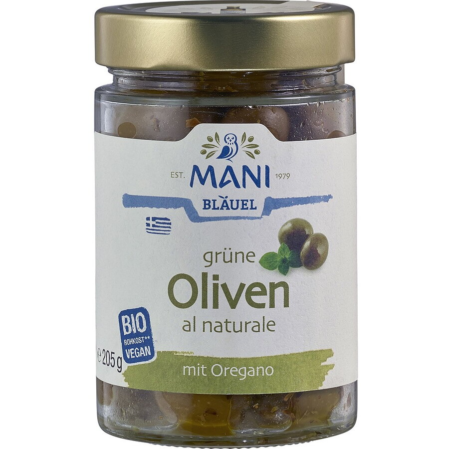 Masline verzi uleiate, cu oregano bio Mani, 205g