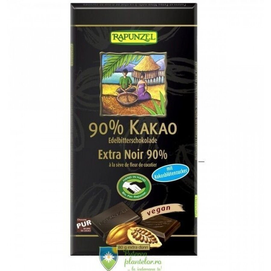 Ciocolata amaruie 90% cacao si zahar de cocos 80 gr BIO