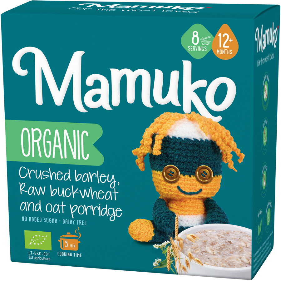 Porridge din 3 cereale cu fulgi de ovaz, hrisca si orz bio, 12+ luni, 200g Mamuko