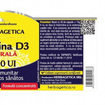 Herbagetica Vitamina  D3 naturala 3000 UI 30 capsule