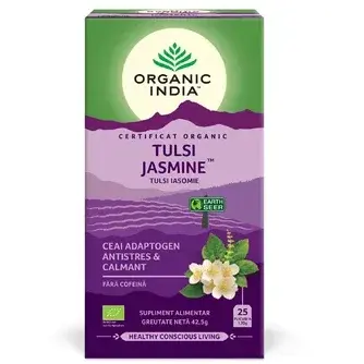 Organic India Ceai Tulsi (Busuioc Sfant) Iasomie | Ceai Adaptogen Antistres & Calmant, plicuri