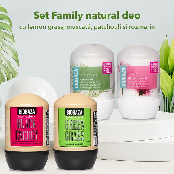 Biobaza Set Family natural deo cu Lemon Grass, Muscata, patchouli si rozmarin 4 pcs
