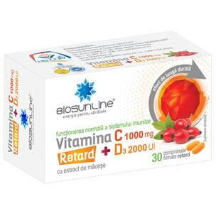 Helcor Pharma Vitamina C 1000mg + D3 2000UI Retard, 30 comprimate filmate, BioSunLine