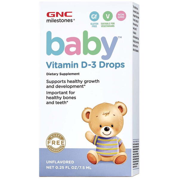 GNC Live Well Gnc Milestones Baby Vitamin D-3 Drops, Vitamina D-3 Picaturi Pentru Bebelusi Naturala 100%  Din Lanolina, 7.5 Ml