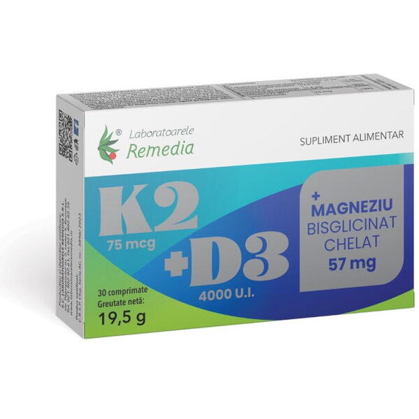 Remedia K2+D3+Magneziu Bisglicinat Chelat 30cpr