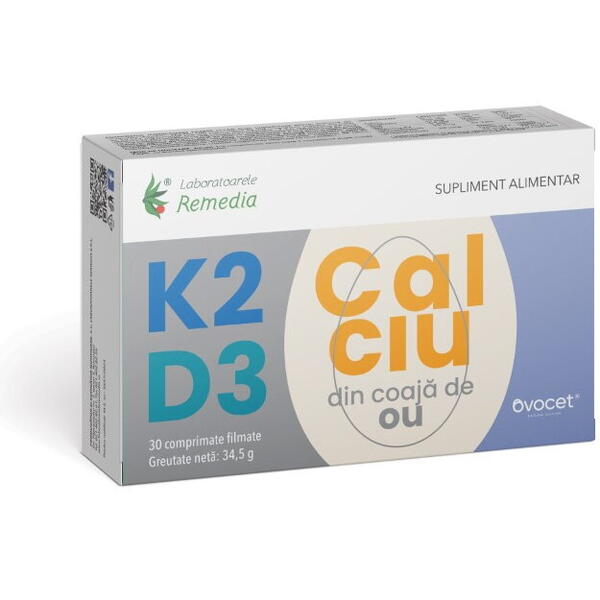 Remedia Vitamina K2 + D3 + COLAGEN + CALCIU (DIN COAJĂ DE OU) 30cpr