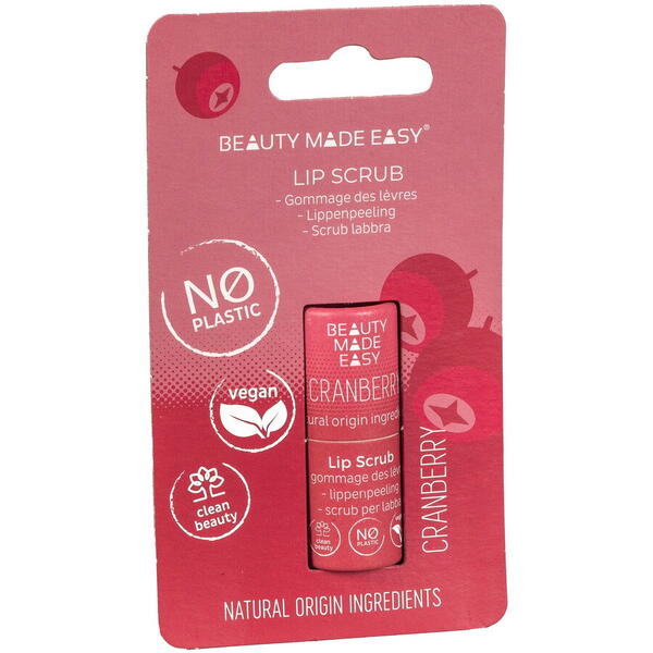 Beauty Made Easy Scrub pentru buze vegan, zero plastic, Cranberry, 6g