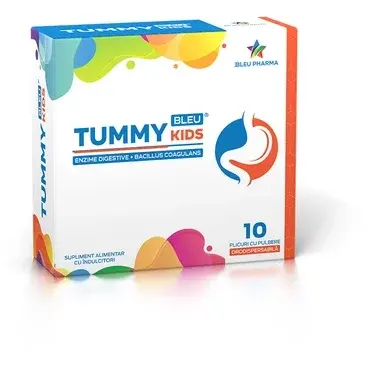 Supliment pentru sistemul digestiv cu indullcitori Tummy Bleu Kids, 10 plicuri, Bleu Pharma