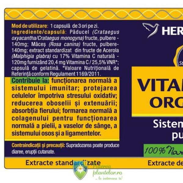 Herbagetica Vitamina C organica 60 cps + 10 cps Cadou