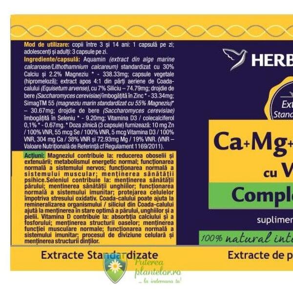 Herbagetica Ca+Mg+Se+Si+Zn organice cu Vit. D3 60 capsule
